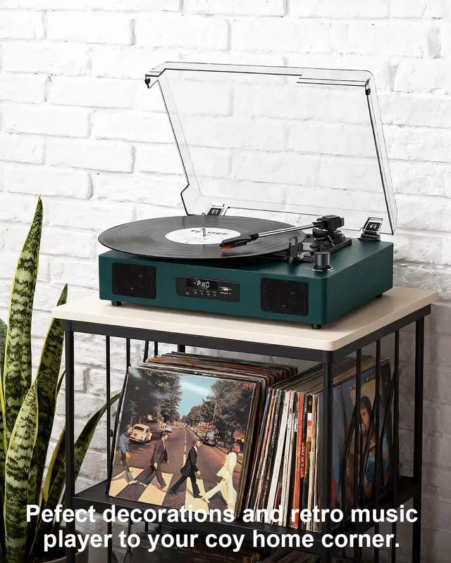 Alt view image 4 of 7 - Vinyl Record Player Turntable with Built-in Enhanced Speakers,Emerald Green USB Recording, 3-Speed Belt-Drive Turntable, USB Playback, Digital Display, RCA Output, AUX Input, Auto Stop