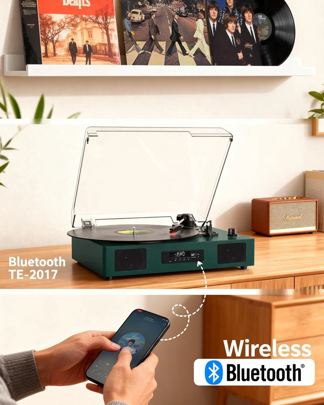 Alt view image 5 of 7 - Vinyl Record Player Turntable with Built-in Enhanced Speakers,Emerald Green USB Recording, 3-Speed Belt-Drive Turntable, USB Playback, Digital Display, RCA Output, AUX Input, Auto Stop