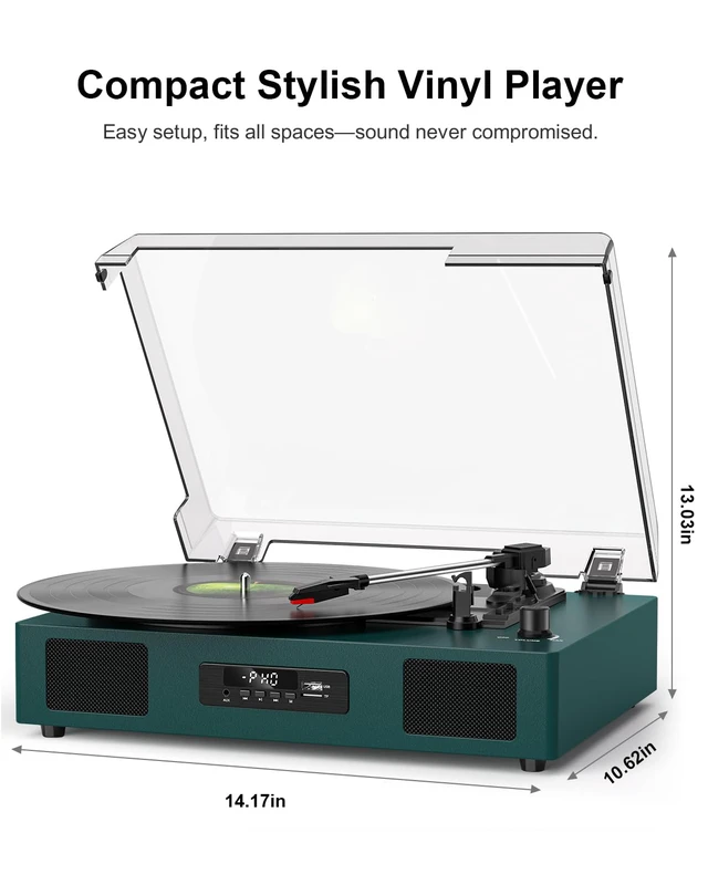 Alt view image 7 of 7 - Vinyl Record Player Turntable with Built-in Enhanced Speakers,Emerald Green USB Recording, 3-Speed Belt-Drive Turntable, USB Playback, Digital Display, RCA Output, AUX Input, Auto Stop