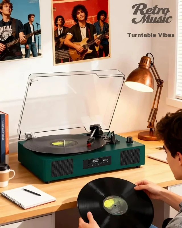 Alt view image 6 of 7 - Vinyl Record Player Turntable with Built-in Enhanced Speakers,Emerald Green USB Recording, 3-Speed Belt-Drive Turntable, USB Playback, Digital Display, RCA Output, AUX Input, Auto Stop