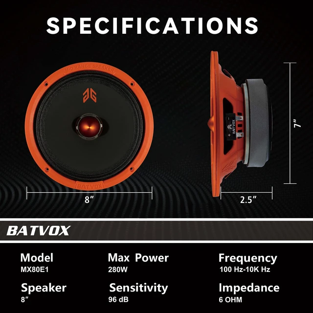 Alt view image 3 of 7 - MX80E1 Midrange Loudspeaker 8" Orange Bullet, 560W Max, 6 Ohms, Premium Quality Audio Door Speakers for Car or Truck Stereo Sound System, Orange (2 Speaker)