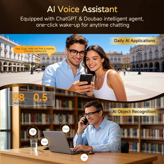Alt view image 6 of 7 - AI Smart Glasses with Camera, 8MP 4K HD Video & Photo Capture, Real-Time Translation, Recording Glasses with AI Assistant, Open-Ear Audio, Object Recognition, for Vlog, Outdoor & Hiking,Black-Business