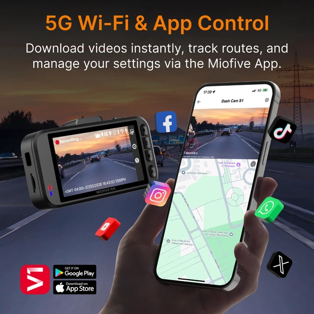 Alt view image 4 of 7 - S1 4K Front Dash Cam, 5GHz WiFi, GPS, 32GB Card Included 3" IPS Screen, 2160P Recording, HDR Night Vision, Supercapacitor, Loop Recording, App Control, Support Max 512GB