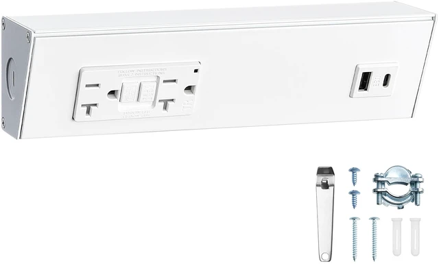 Main image of 9 in Under Cabinet Hardwired Power Strip with GFCI, 125V 20A 20A Standard TR GFCI Outlet + USB-A & USB-C, Angled Trapezoid Design, Modular Extension System, Aluminum Housing, ETL Listed