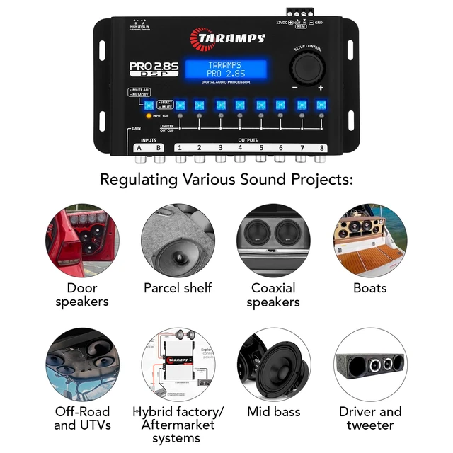 Alt view image 7 of 7 - Taramps Pro 2.8S Black DSP Crossover Full Digital Signal Audio Processor and Equalizer with sequencer 15-Band Graphic Equalization 12 preset EQ 2-Channel in and 8-Channel Out Car Audio, Sound Quality