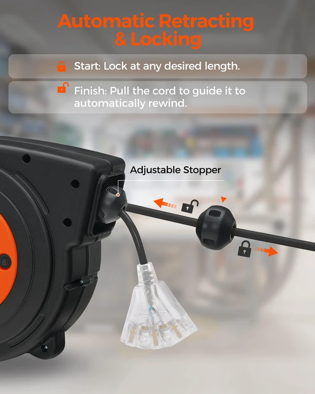 Alt view image 3 of 7 - Retractable Extension Cord Reel, 40 FT Heavy Duty Power Cord, 12AWG/3C SJTOW, 3 Grounded Outlets Lighted Triple Tap, 15 Amp Circuit Breaker, UL Listed, Orange B40CR06