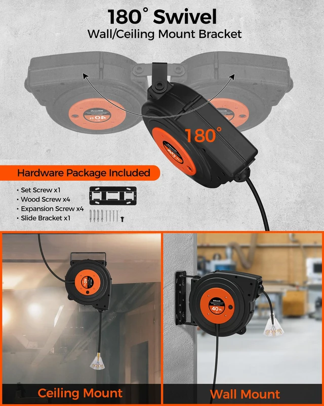 Alt view image 5 of 7 - Retractable Extension Cord Reel, 40 FT Heavy Duty Power Cord, 12AWG/3C SJTOW, 3 Grounded Outlets Lighted Triple Tap, 15 Amp Circuit Breaker, UL Listed, Orange B40CR06