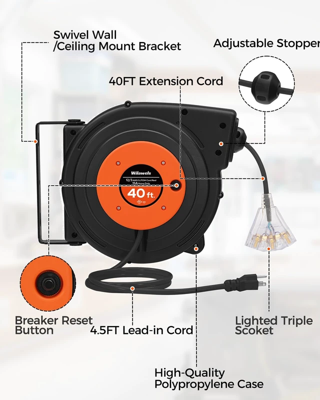 Alt view image 7 of 7 - Retractable Extension Cord Reel, 40 FT Heavy Duty Power Cord, 12AWG/3C SJTOW, 3 Grounded Outlets Lighted Triple Tap, 15 Amp Circuit Breaker, UL Listed, Orange B40CR06