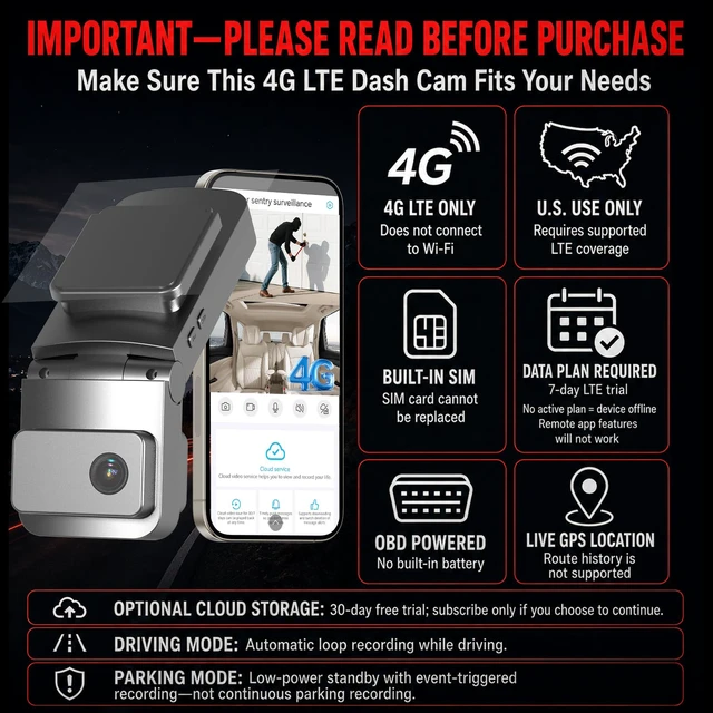 Alt view image 2 of 7 - 4G LTE Dash Cam with Live Streaming, Car Vandalism Security Camera Dual 155° Front & 180° Inside Camera, GPS Tracking, Radar Detect, G-Sensor, OBD II, 24/7 Parking Monitor