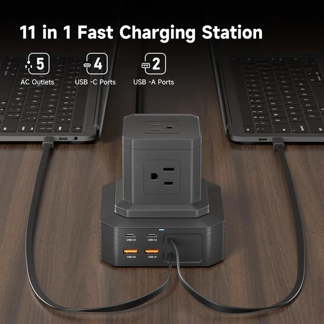 Alt view image 2 of 7 - Charging Station (100W), 11-in-1 USB C Power Strip with Surge Protection, 6.6Ft Extension Cord, 4 USB C and 2 USB A Ports, 5 AC Outlets for Home Office Dorm Room