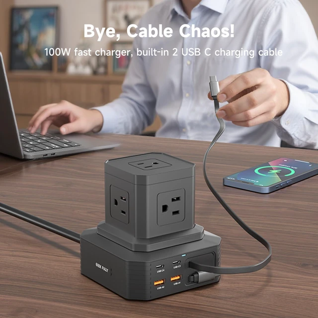Alt view image 3 of 7 - Charging Station (100W), 11-in-1 USB C Power Strip with Surge Protection, 6.6Ft Extension Cord, 4 USB C and 2 USB A Ports, 5 AC Outlets for Home Office Dorm Room