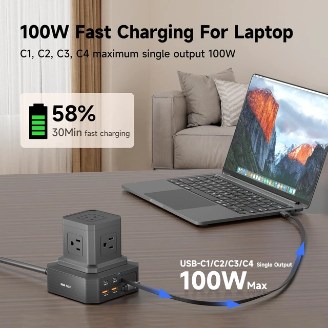Alt view image 4 of 7 - Charging Station (100W), 11-in-1 USB C Power Strip with Surge Protection, 6.6Ft Extension Cord, 4 USB C and 2 USB A Ports, 5 AC Outlets for Home Office Dorm Room