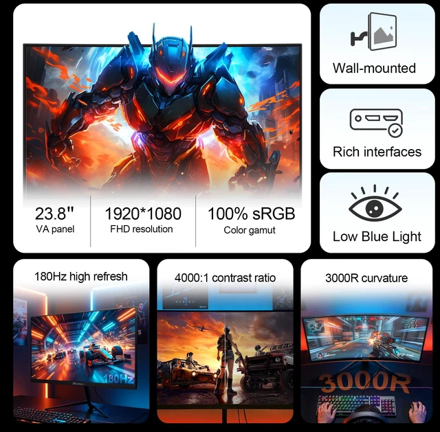 Alt view image 7 of 7 - 23.8-Inch Curved Gaming Monitor 180Hz 1ms FHD 1080P, 3000R VA Panel with 100% sRGB, FreeSync, 4000:1 Contrast, Frameless Design, Eye Care, HDMI/DP, VESA Mount for PC Game Office (G25F180)