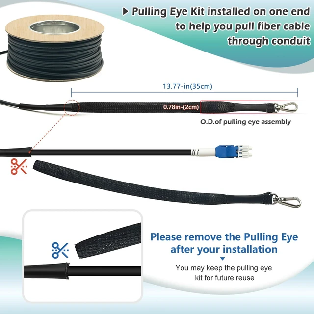 Alt view image 3 of 7 - 120ft OD-5mm Industrial TPU OS2 SM LC to LC Outdoor Armored Fiber Cable Direct Burial Duplex Single Mode Fiber Optic Patch Cord, 9/125um Uniboot LC Fiber with Pulling Eye Kit Installed on one end