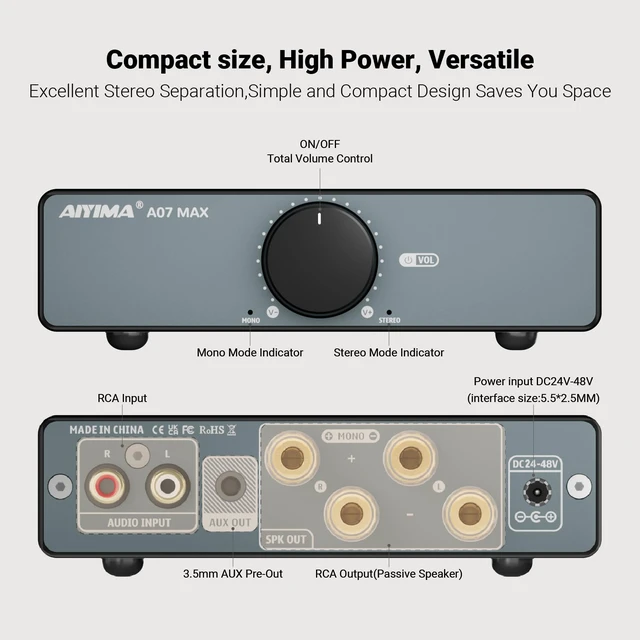 Alt view image 2 of 7 - A07 MAX TPA3255 HiFi Power Amplifier 600W,Mono/Stereo Amp & Aux Out Swappable Op-Amp 300W*2 Class D HiFi Amp for 2.0/2.1 Channel Home Audio Bookshelf Speaker,T1 PRO Preamp,D07 Desktop DAC