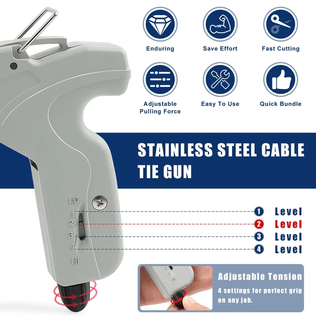 Alt view image 3 of 7 - Stainless Steel Cable Tie Gun, Auto Tighten & Cut Tool for 4.67.9mm Metal Ties, 4-Level Tension, Heavy-Duty & Easy to Use