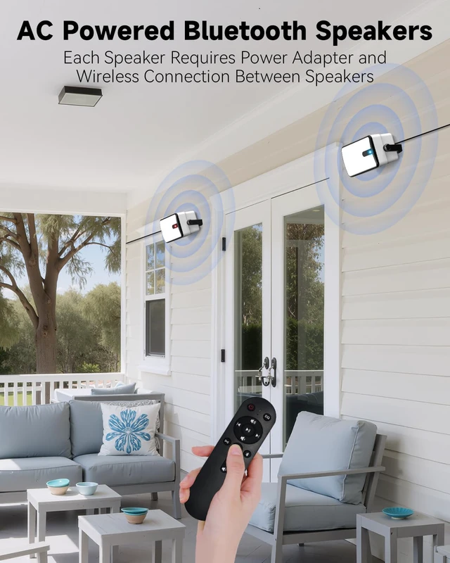 Alt view image 2 of 7 - 250W Outdoor Bluetooth Speakers, Wireless Sync Between Speakers, AC Powered, Powerful Bass, Wall Mount for Patio, Porch, Gazebo, Garage, 2-Pack, White(MZ-632)