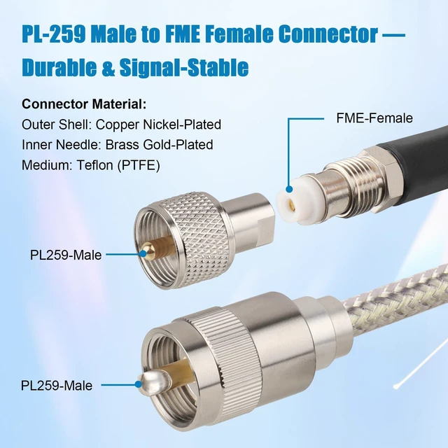 Alt view image 3 of 6 - CB Coax Cable 100FT, RG8X FME Female to UHF PL-259 Male with FME Male to PL-259 Adapter, Low Loss RF Coaxial Cable for Antenna, CB Radio, Ham Radio, Marine, Mobile, and GPS Systems