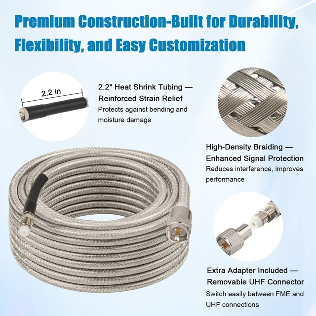 Alt view image 5 of 6 - CB Coax Cable 100FT, RG8X FME Female to UHF PL-259 Male with FME Male to PL-259 Adapter, Low Loss RF Coaxial Cable for Antenna, CB Radio, Ham Radio, Marine, Mobile, and GPS Systems