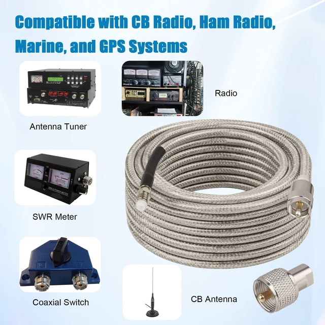 Alt view image 6 of 6 - CB Coax Cable 100FT, RG8X FME Female to UHF PL-259 Male with FME Male to PL-259 Adapter, Low Loss RF Coaxial Cable for Antenna, CB Radio, Ham Radio, Marine, Mobile, and GPS Systems
