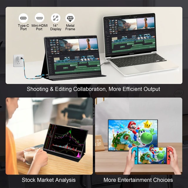 Alt view image 5 of 7 - 14" Portable Touchscreen Travel Monitor 1920 * 1200P IPS/HDR Laptop Screen Extender for Gaming and Computer Display, Compatible with Laptop PC Phone PS4/PS5 Switch