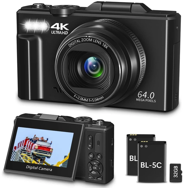 Main image of 4K Digital Camera for Photography with WiFi & 18X Digital Zoom 64MP Vlogging Camera for YouTube, 3'' Flip Screen and 32GB TF Card & 2 Batteries, Webcam Function, Black
