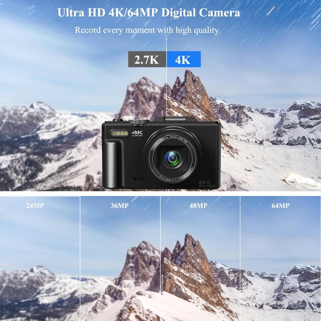 Alt view image 2 of 7 - 4K Digital Camera for Photography with WiFi & 18X Digital Zoom 64MP Vlogging Camera for YouTube, 3'' Flip Screen and 32GB TF Card & 2 Batteries, Webcam Function, Black