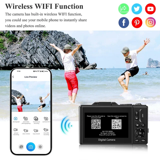 Alt view image 3 of 7 - 4K Digital Camera for Photography with WiFi & 18X Digital Zoom 64MP Vlogging Camera for YouTube, 3'' Flip Screen and 32GB TF Card & 2 Batteries, Webcam Function, Black