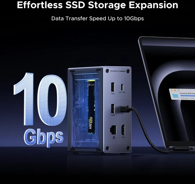 Alt view image 3 of 7 - Revodok NVMe 10-in-1 Docking Station 4K@60Hz HDMI M.2 NVMe SSD Enclosure, 10Gbps USB-C/A, 100W PD Charging, Gigabit Ethernet, SD/TF for MacBook M5, Mac mini M4, Windows Laptop