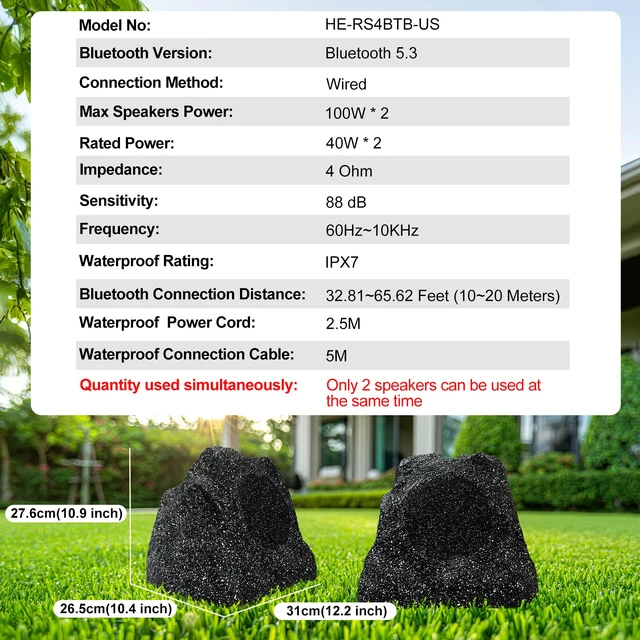 Alt view image 3 of 7 - Outdoor Rock Bluetooth Speakers Wired IPX7 Waterproof 200 Watt Resin Material All Weather for Deck Pool Backyard Patio Garden BBQ (1 Pair Black)