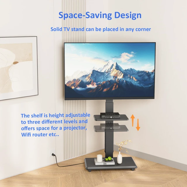 Alt view image 6 of 7 - Rolling TV Stand with Power Outlet for 32-75" TV, Max Load 110 lbs Mobile TV cart with 18 height adjustments, ±30° swivel, media shelf and Max VESA 600×400mm for living room office and outdoor