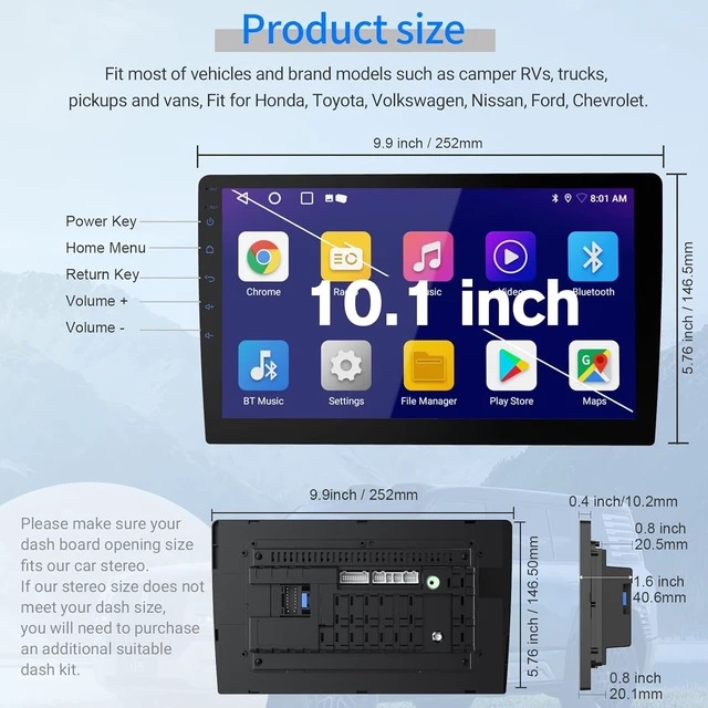 Alt view image 2 of 7 - Double Din Android 13 Car Stereo Receiver - 10.1" Universal HD Touchscreen w/64GB, Built-in GPS & Backup Camera, Bluetooth 4.1, Supports CarPlay/MirrorLink (1990-2023 Vehicles)