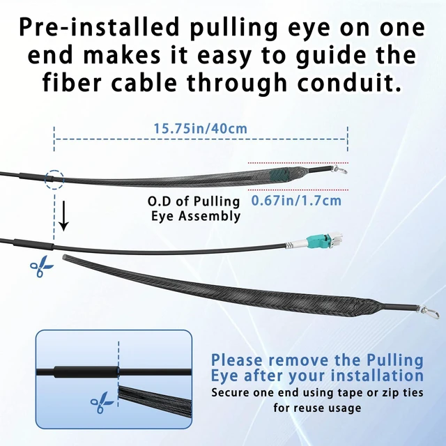 Alt view image 6 of 7 - 37M/121FT OM3/OM4 LC to LC Outdoor Armored Fiber Optic Patch Cable, Multimode Duplex 50/125m, 10Gb/40Gb/100Gb, Industrial TPU Jacket, Direct Burial, Uniboot, MMF, OD 5mm, Pulling Eye Kit Installed