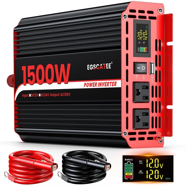 Main image of 1500W Power Inverter 12V DC to 110V/120V AC with LCD Display for Vehicles 3000W Peak,2 AC Outlets, 3.1A USB Port, Battery Clips, Car Converter with for RV, Truck, Camping, Travel, Emergency Use