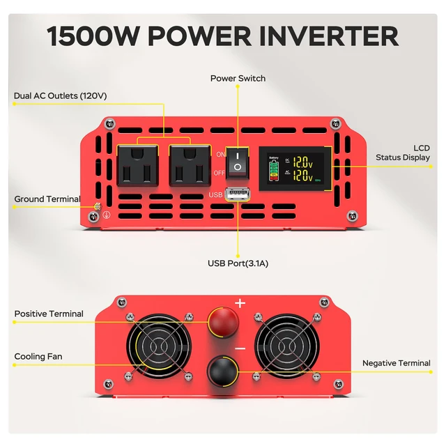 Alt view image 7 of 7 - 1500W Power Inverter 12V DC to 110V/120V AC with LCD Display for Vehicles 3000W Peak,2 AC Outlets, 3.1A USB Port, Battery Clips, Car Converter with for RV, Truck, Camping, Travel, Emergency Use