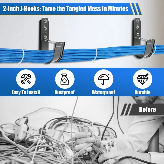Alt view image 3 of 7 - 100 Pack Black 2" Galvanized Steel Cable J Hooks with Retainer Clips 16-Gauge Wall/Ceiling Cable Hangers for CAT5e, CAT6, Coax, Fiber Optic and Conduit, 50 lb Load Capacity