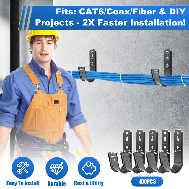 Alt view image 6 of 7 - 100 Pack Black 2" Galvanized Steel Cable J Hooks with Retainer Clips 16-Gauge Wall/Ceiling Cable Hangers for CAT5e, CAT6, Coax, Fiber Optic and Conduit, 50 lb Load Capacity
