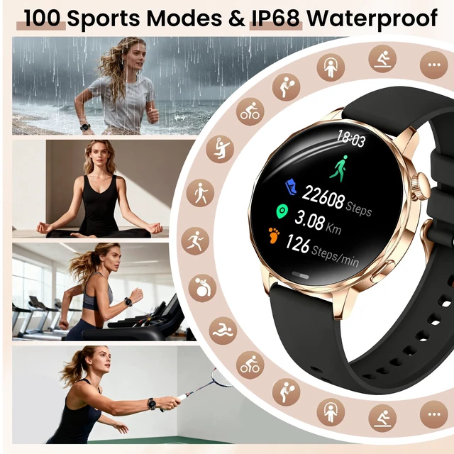 Alt view image 4 of 7 - Smart Watches for Women, 1.27'' Smart Watch (Answer/Make Calls) Compatible with iPhone/Android Phones, IP68 Waterproof Fitness Tracker Watch with Sleep Monitor,100+ Sports Modes (Black)