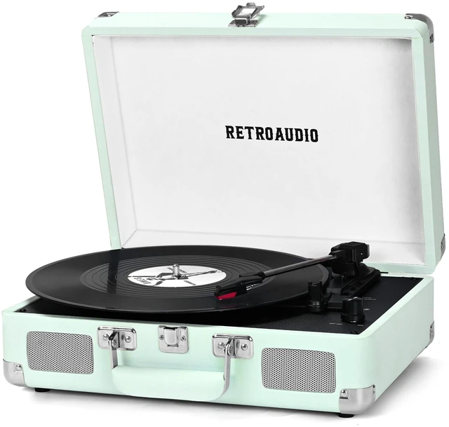 Main image of Portable Bluetooth Vintage Vinyl Record Player Turntable Portable suitcase LP player, built-in stereo speakers, RCA & headphone output for vinyl records