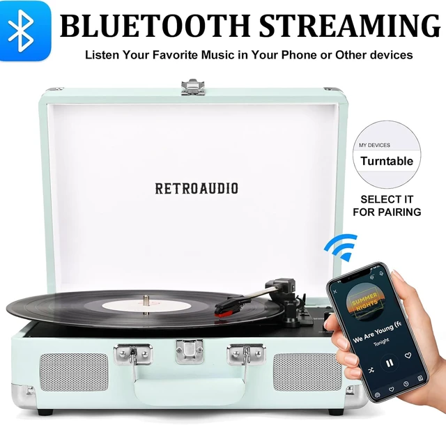Alt view image 2 of 7 - Portable Bluetooth Vintage Vinyl Record Player Turntable Portable suitcase LP player, built-in stereo speakers, RCA & headphone output for vinyl records