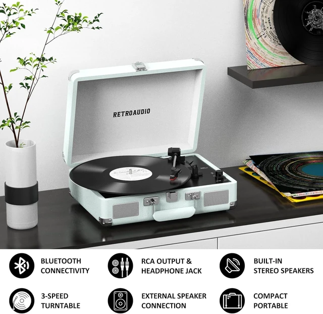 Alt view image 3 of 7 - Portable Bluetooth Vintage Vinyl Record Player Turntable Portable suitcase LP player, built-in stereo speakers, RCA & headphone output for vinyl records