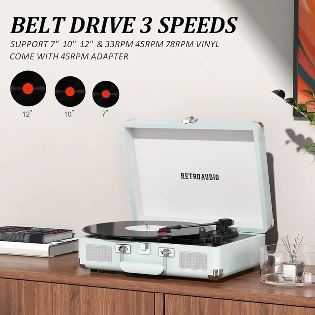 Alt view image 4 of 7 - Portable Bluetooth Vintage Vinyl Record Player Turntable Portable suitcase LP player, built-in stereo speakers, RCA & headphone output for vinyl records