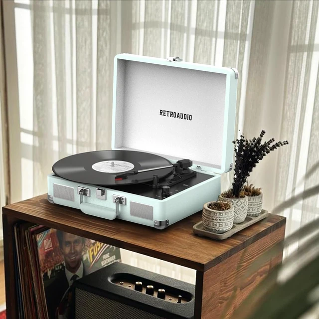 Alt view image 7 of 7 - Portable Bluetooth Vintage Vinyl Record Player Turntable Portable suitcase LP player, built-in stereo speakers, RCA & headphone output for vinyl records
