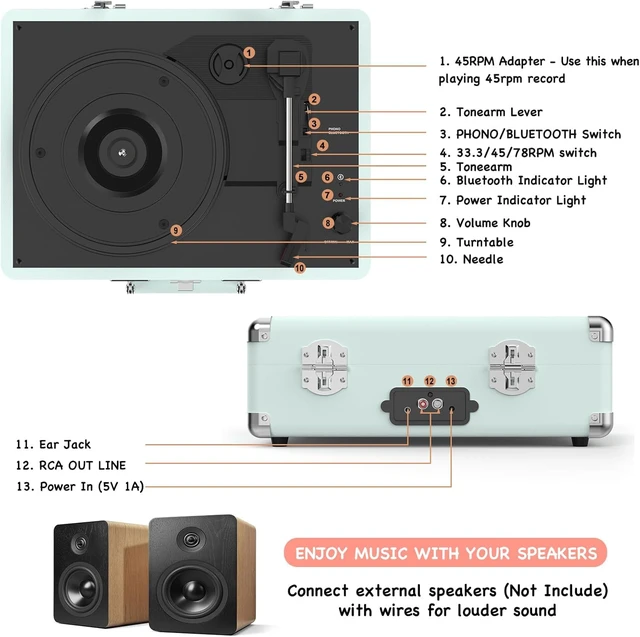 Alt view image 6 of 7 - Portable Bluetooth Vintage Vinyl Record Player Turntable Portable suitcase LP player, built-in stereo speakers, RCA & headphone output for vinyl records