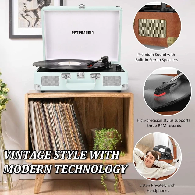 Alt view image 5 of 7 - Portable Bluetooth Vintage Vinyl Record Player Turntable Portable suitcase LP player, built-in stereo speakers, RCA & headphone output for vinyl records