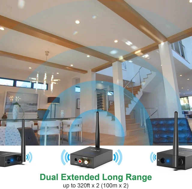 Alt view image 3 of 7 - 2.4GHz (1 TX + 2 RX) Wireless Audio Transmitter and Receiver Set 20ms Ultra Low Delay with RCA In/Out, 320FT Long Range for TV PC CD Player Powered Speaker, 2 Receivers for 2 Powered Speaker