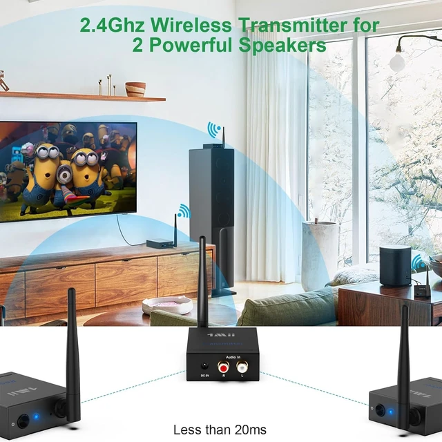 Alt view image 4 of 7 - 2.4GHz (1 TX + 2 RX) Wireless Audio Transmitter and Receiver Set 20ms Ultra Low Delay with RCA In/Out, 320FT Long Range for TV PC CD Player Powered Speaker, 2 Receivers for 2 Powered Speaker