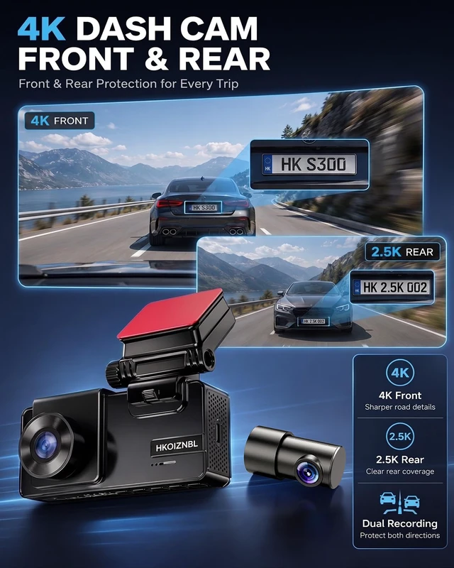 Alt view image 3 of 7 - 4K+2.5K Dashcam Front and Rear, 5GHz WiFi 20MB/s, Free 32GB Card 3.69" LCD, Loop Recording, Parking Mode, Audio Recording, WDR Night Vision, Supercapacitor -4°F~185°F dash camera for car