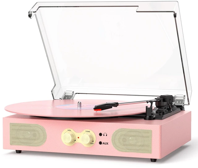 Main image of Vinyl Record Player with Built-in Speakers, Vintage 3-Speed Turntable, Bass/Treble Control, Headphone Jack, RCA/AUX Outputs, Belt-Driven LP Player, Pink