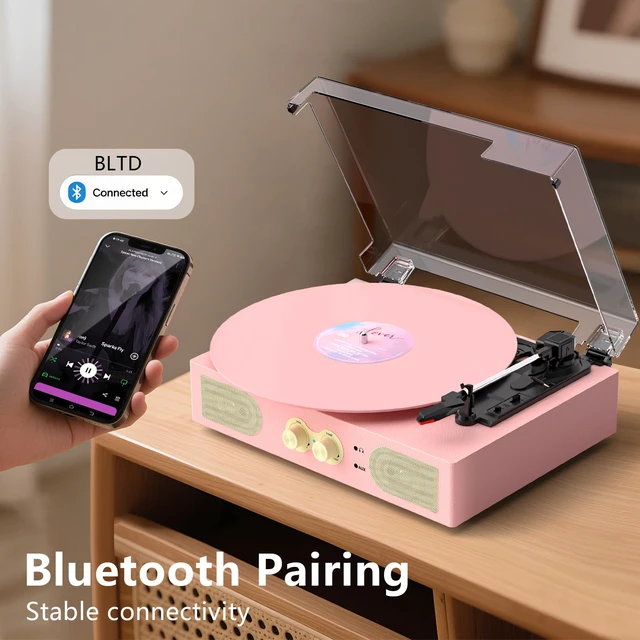 Alt view image 2 of 7 - Vinyl Record Player with Built-in Speakers, Vintage 3-Speed Turntable, Bass/Treble Control, Headphone Jack, RCA/AUX Outputs, Belt-Driven LP Player, Pink